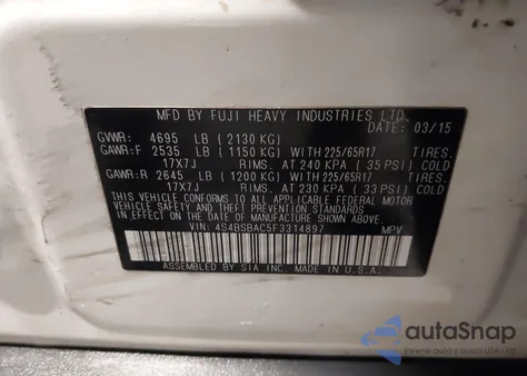 2015 Subaru Outback 2.5I из США, поврежденный, VIN 4S4BSBAC5F3314897